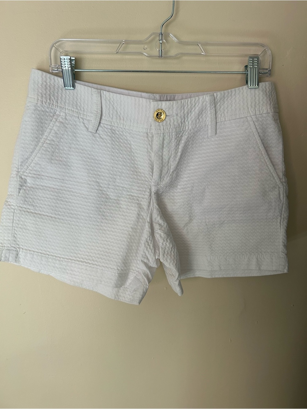 Lilly Pulitzer White Textured Bermuda Shorts with Gold Button